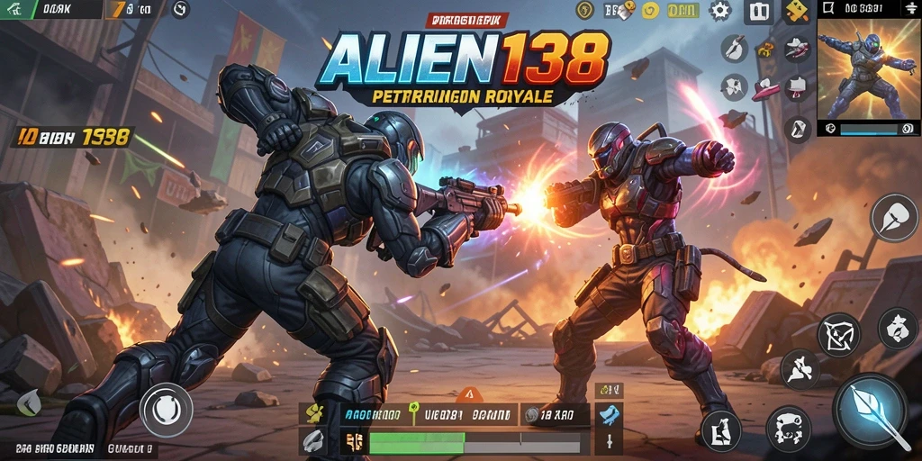 Screenshot gameplay ALIEN138 dengan action pertarungan Battle Royale yang seru.