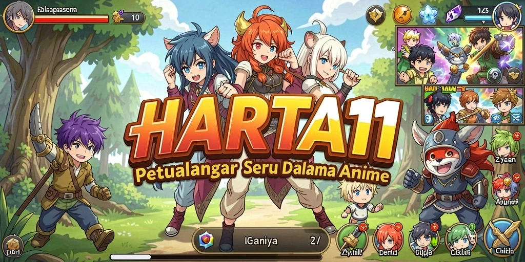 Tangkapan layar HARTA11 menampilkan karakter anime dalam aksi seru dan lingkungan yang menakjubkan.