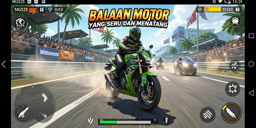 Screenshot dari gameplay MG525 menampilkan aksi balapan motor yang mendebarkan.
