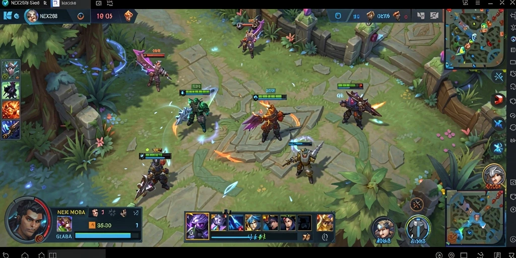Tampilan gameplay seru dalam NEX288, menunjukkan aksi MOBA yang intens.