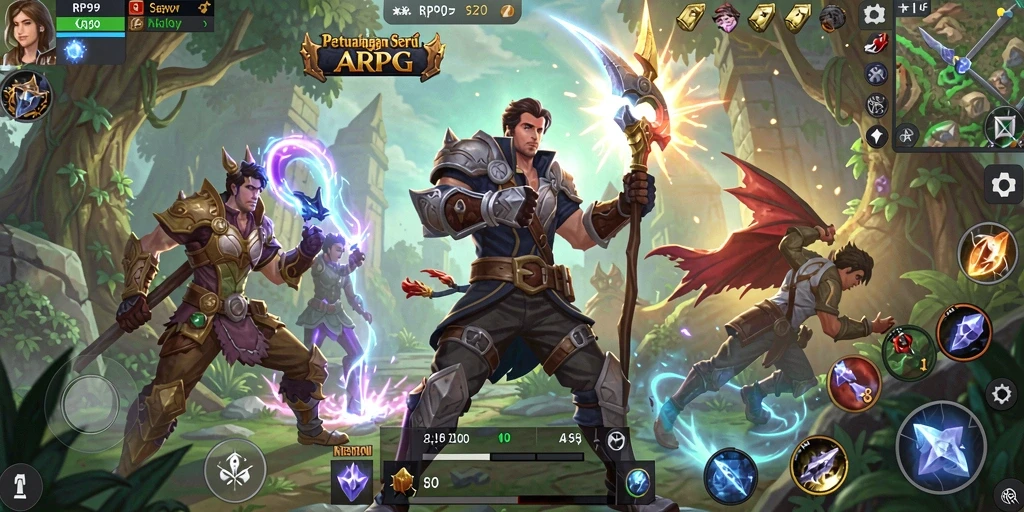 Screenshot gameplay RP99 menampilkan aksi pertarungan seru dan karakter yang berwarna-warni.