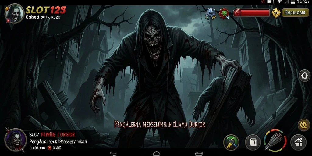 Screenshot gameplay SLOT123 menampilkan suasana menyeramkan dan mencekam.