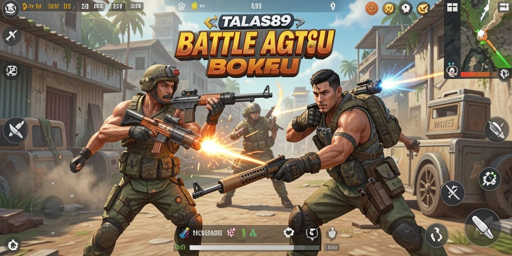 Screenshot utama TALAS89 menampilkan aksi pertempuran yang intens di dunia Battle Royale.