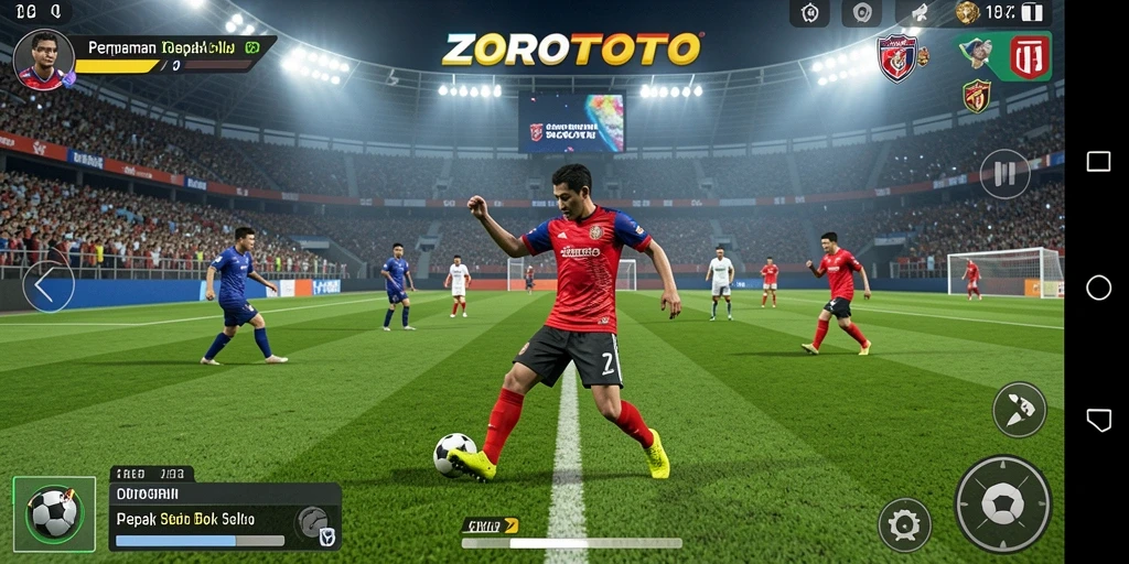 Screenshot gameplay ZOROTOTO menampilkan aksi di lapangan sepak bola.